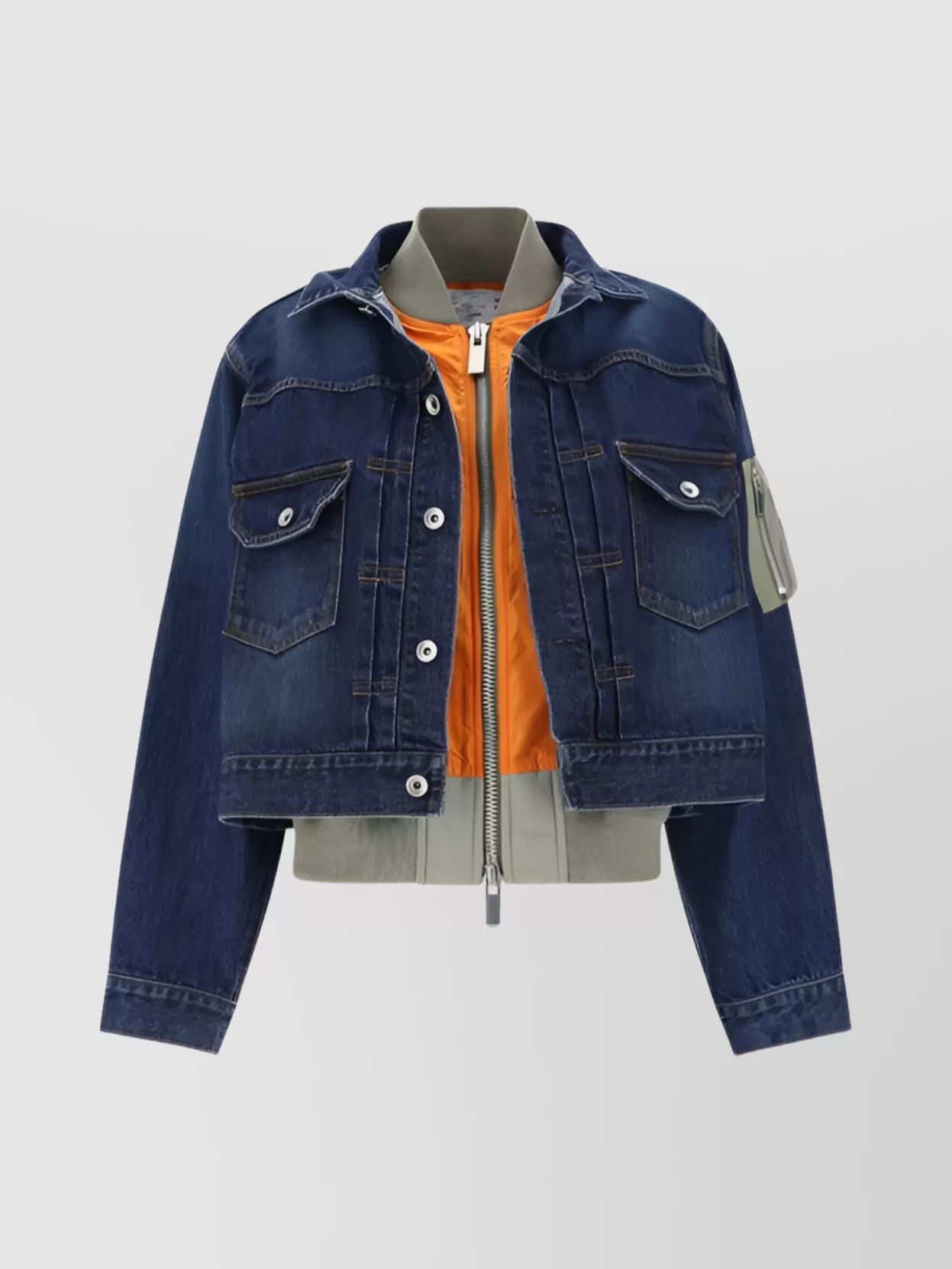 Shop Sacai Denim Jacket With Double Layer Pattern