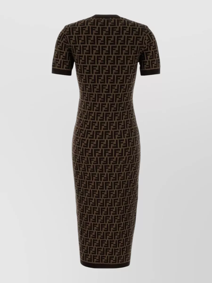 Fendi Stretch Cotton Blend Dress All Over Pattern In Brown