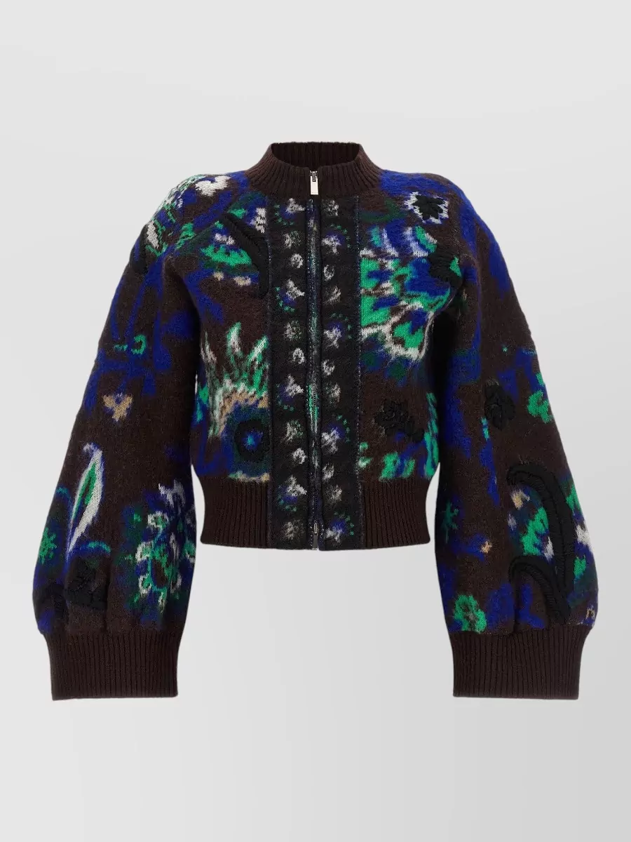 Sacai Wool Floral-Jacquard Cropped Cardigan