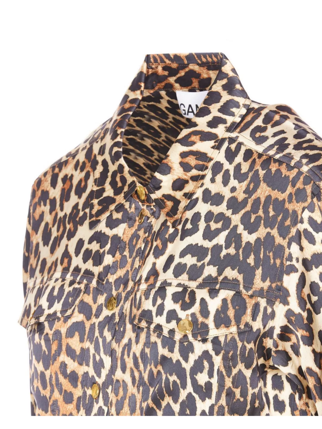 Ganni Leopard Print Collared Neck Long Sleeve Top