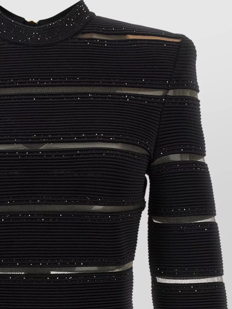 Balmain Sequined Mesh-Insert Long-Sleeve Mini Dress