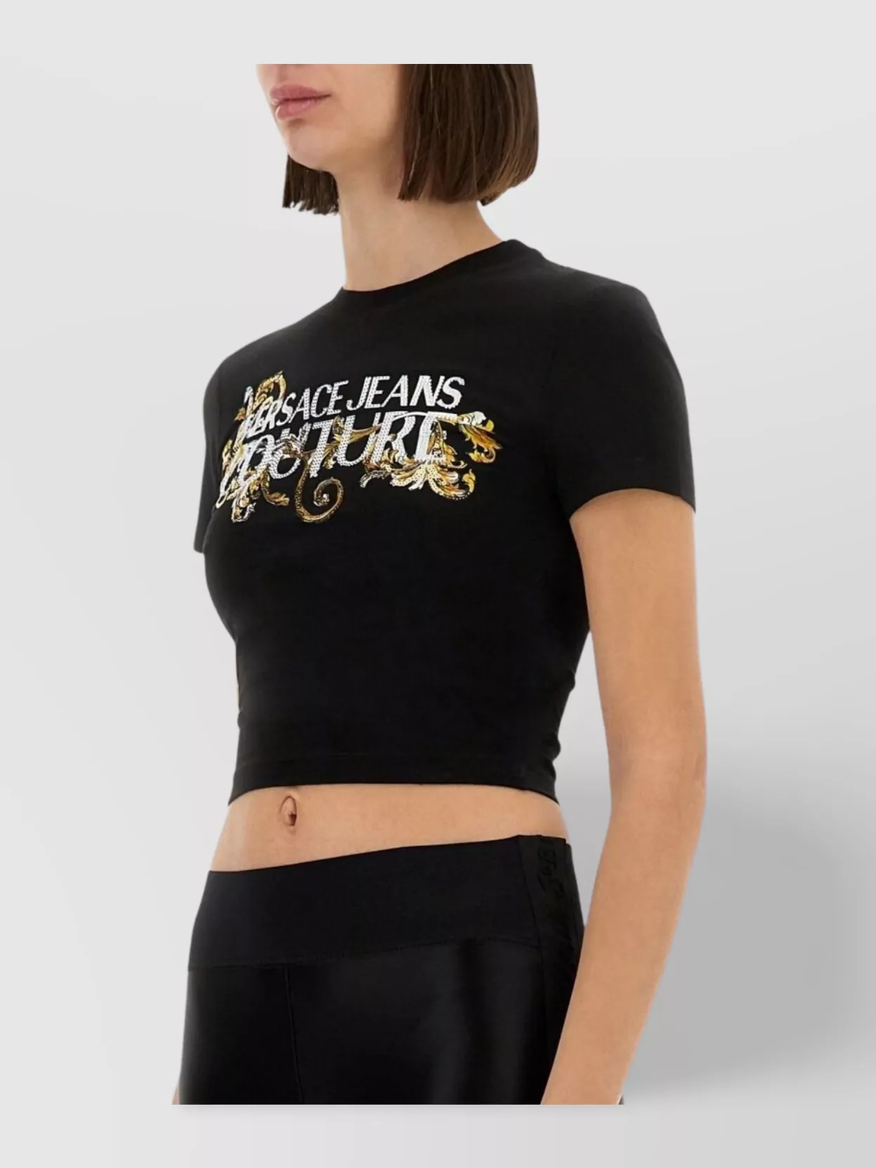 Versace Jeans Couture Crystal Embellished Baroque Outline Cropped T-shirt