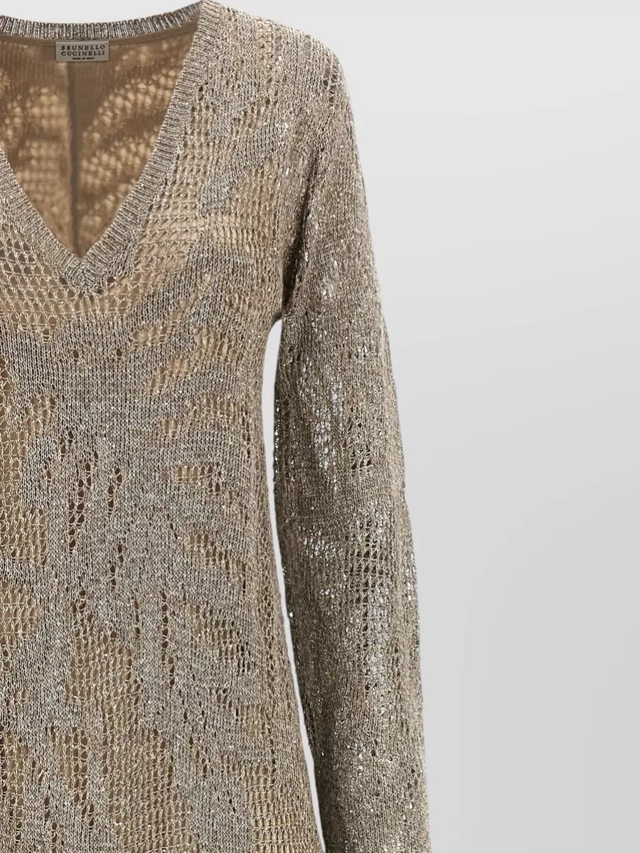 Brunello Cucinelli Linen Knit Sequin V-Neck Long-Sleeve Maxi Dress