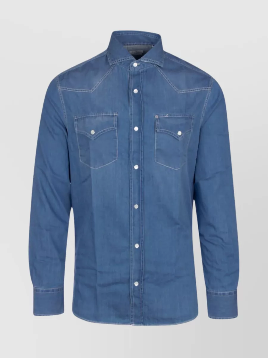 Shop Brunello Cucinelli Shirt With Chest Pockets And Stitch Detailing In Blue