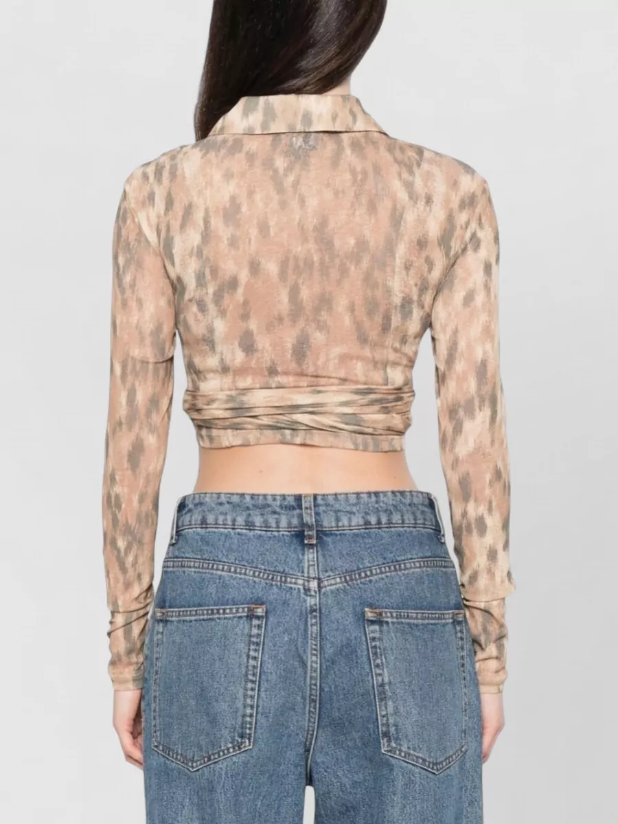 Ganni Printed Wrap Long-Sleeve Cropped Blouse