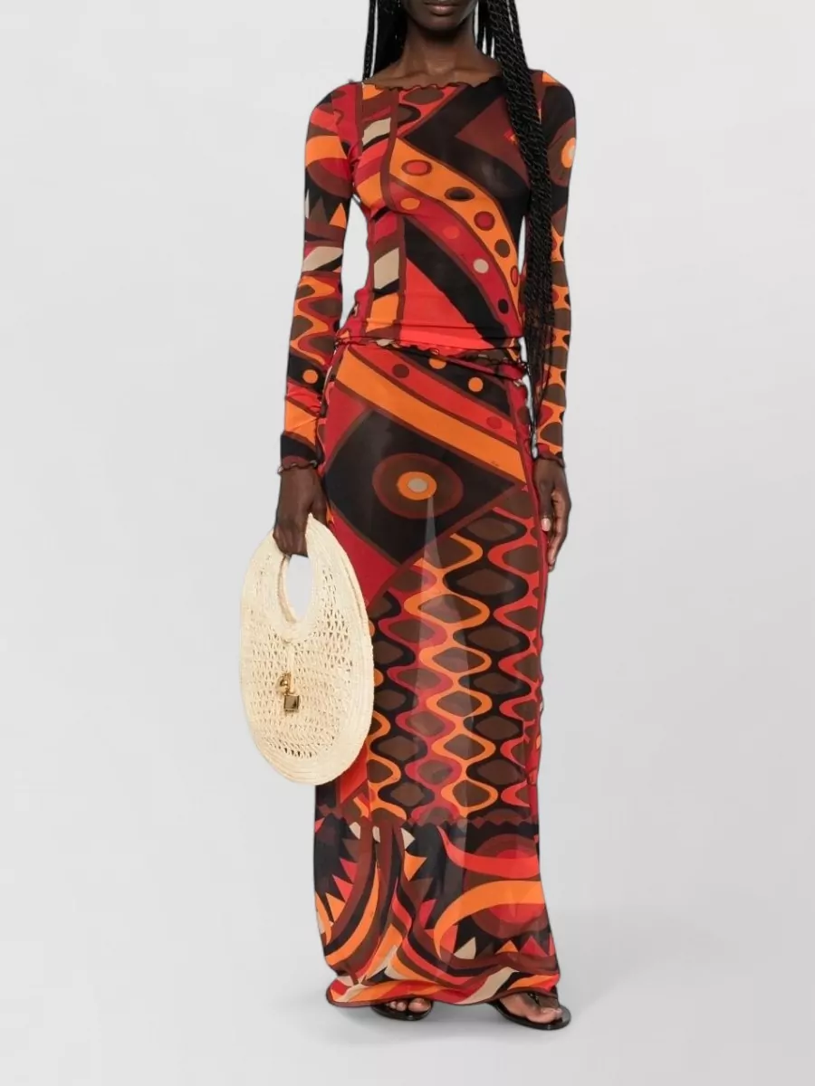 Pucci Printed Mesh Boat Neck Long-Sleeve Top