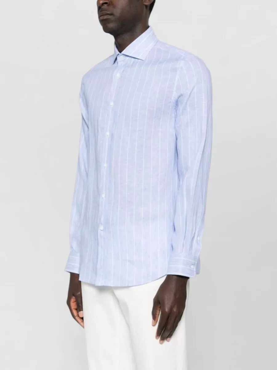 Brunello Cucinelli Linen Shirt Button Down Collar Stripes Long Sleeves