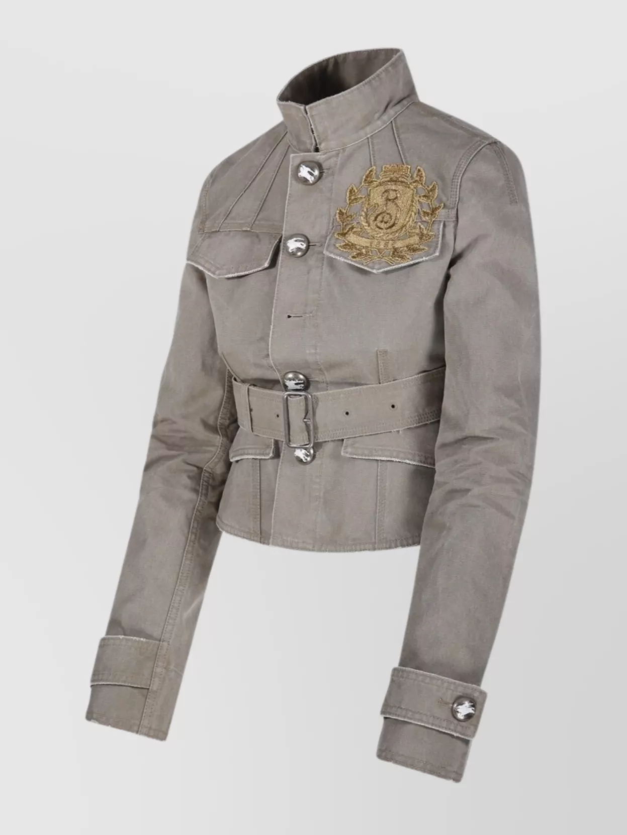 Shop Burberry Waist Belted Patch Embroidered Collar High