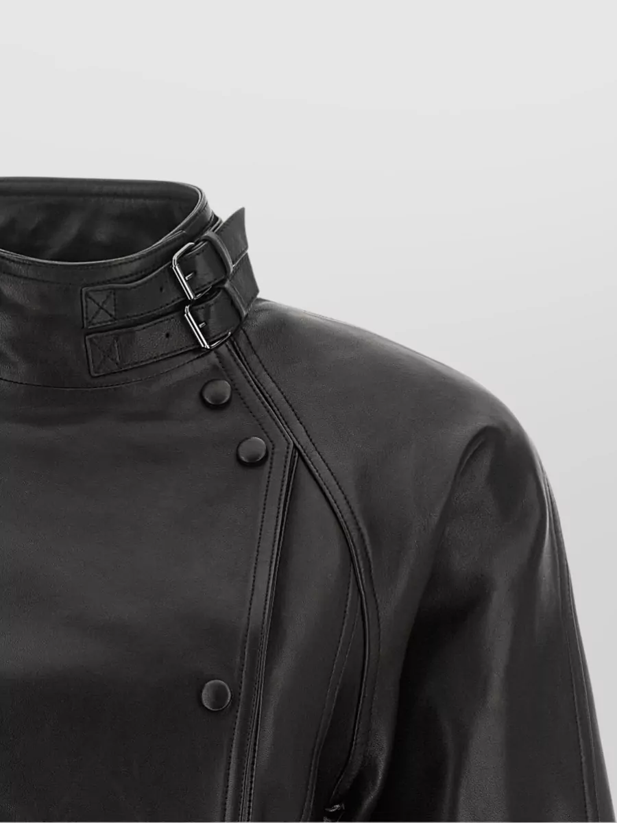 Balmain Leather Asymmetric Peplum High Neck Jacket