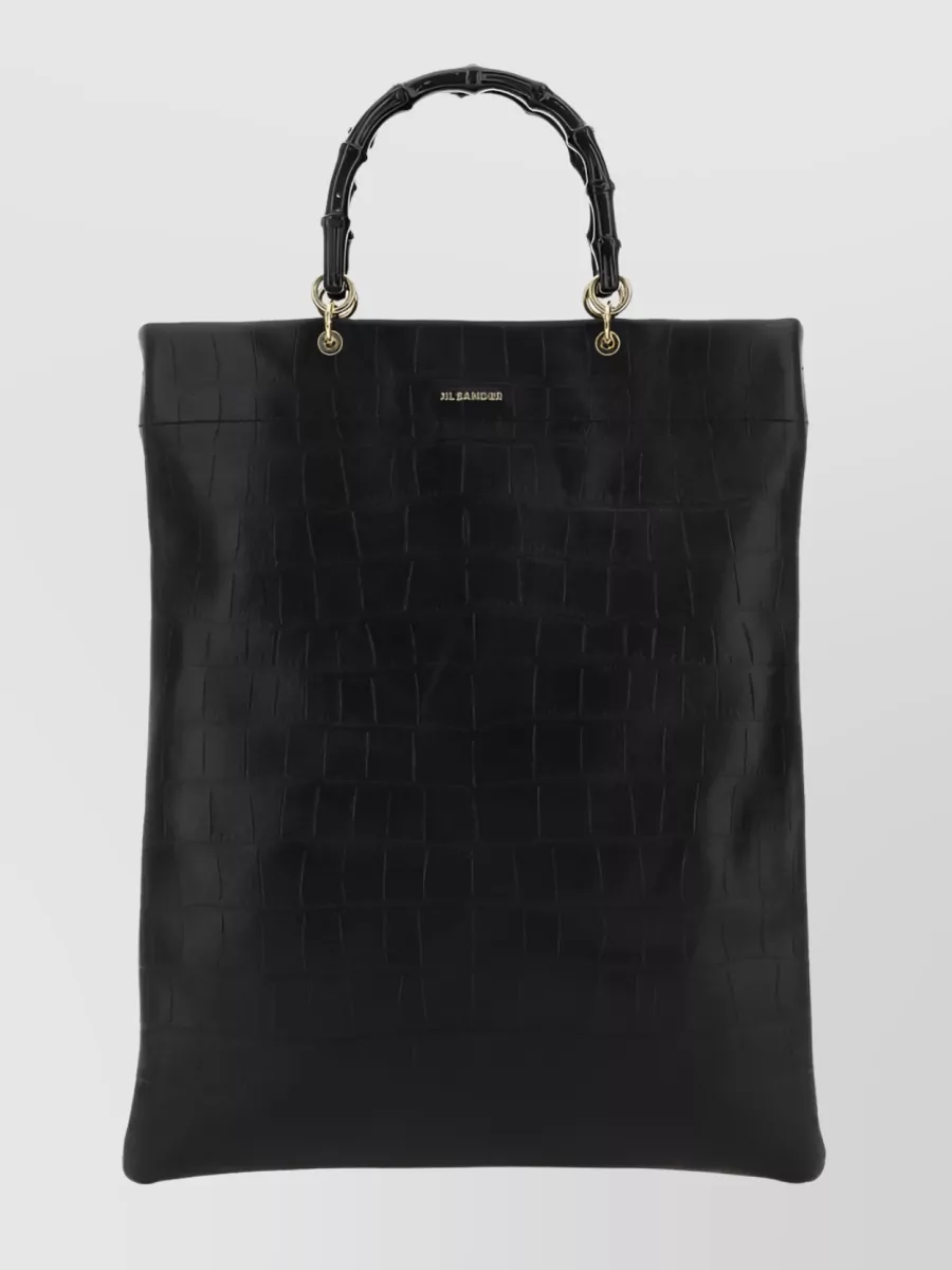 Shop Jil Sander Embossed Leather Tote With Bamboo Handles In Black