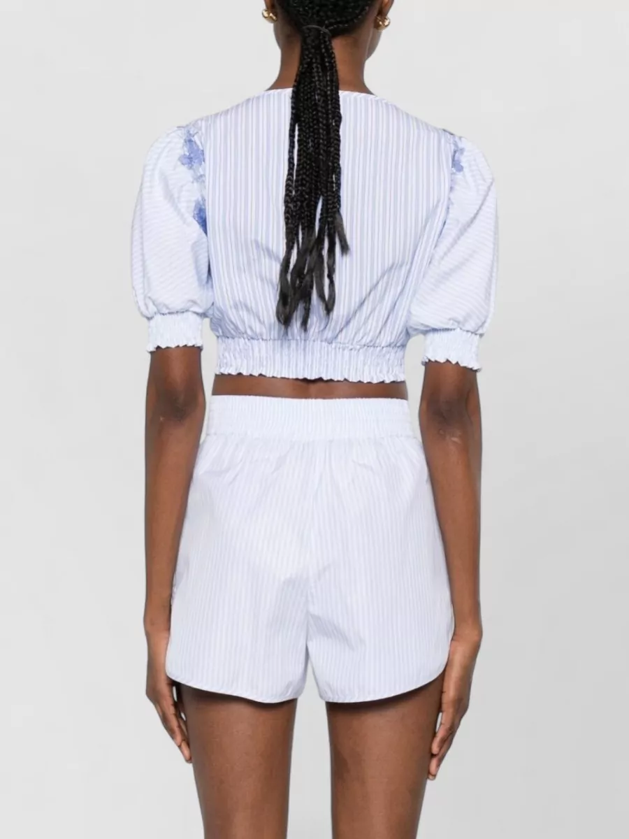 Ermanno Scervino Striped Floral-Embroidered V-Neck Puff-Sleeve Cropped Top