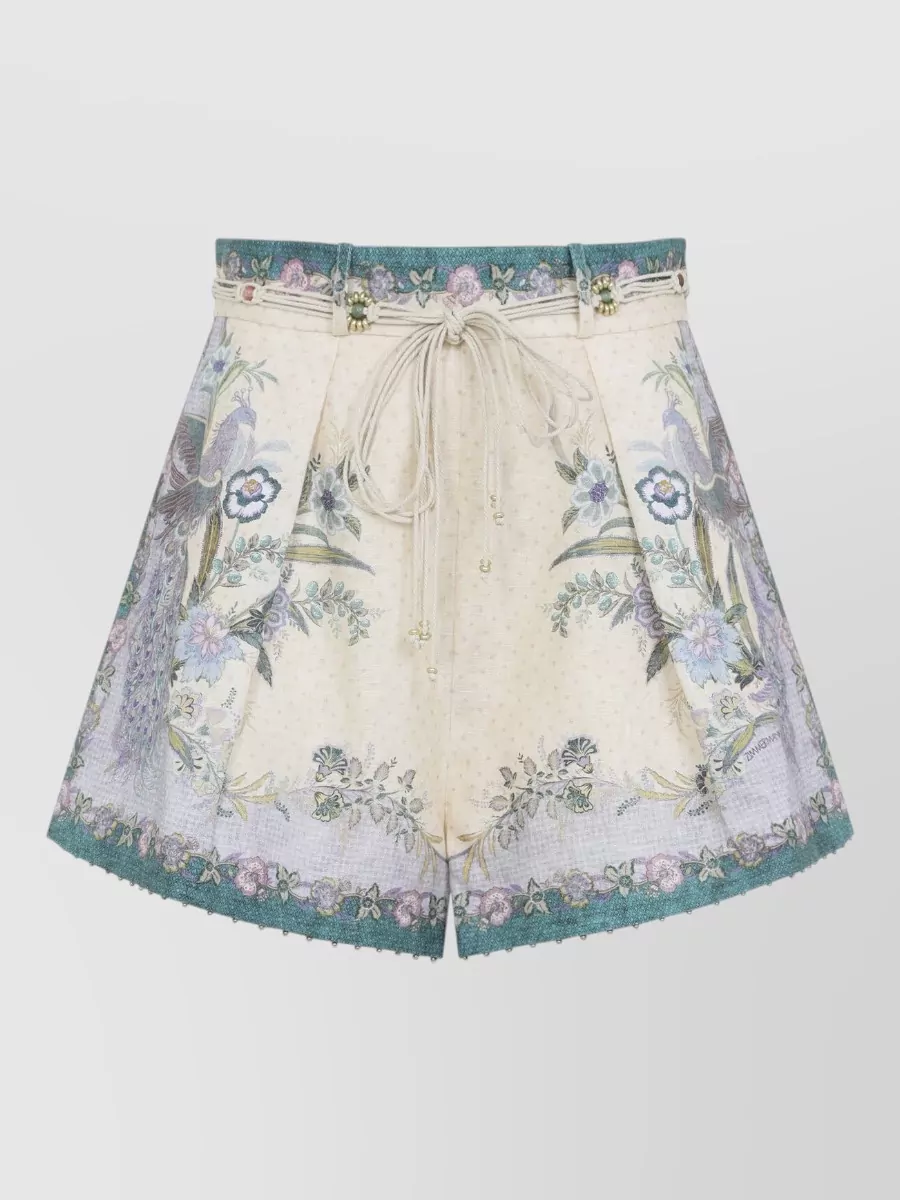 Zimmermann Linen Floral-Print High-Rise Pleated Shorts