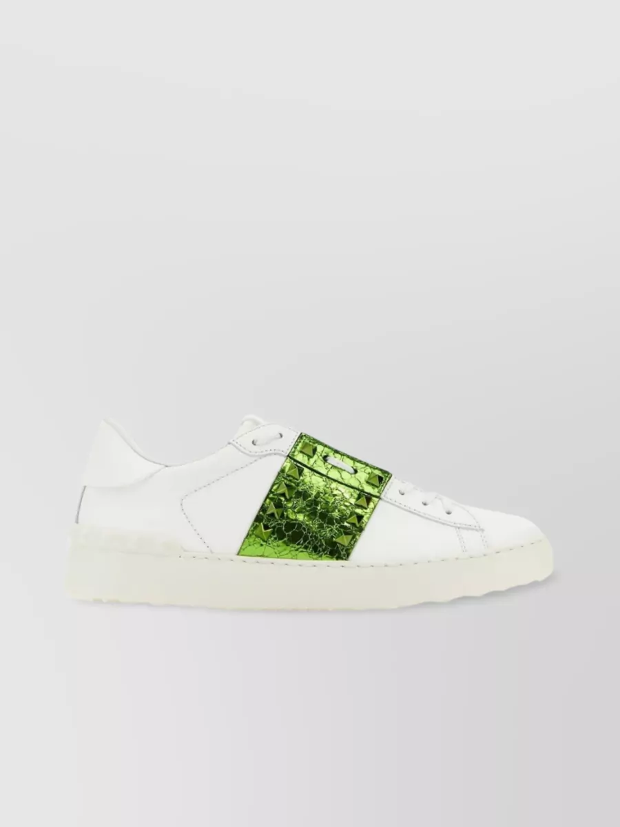 Shop Valentino Rockstud Untitled Leather Sneakers With Vibrant Band In Pastel