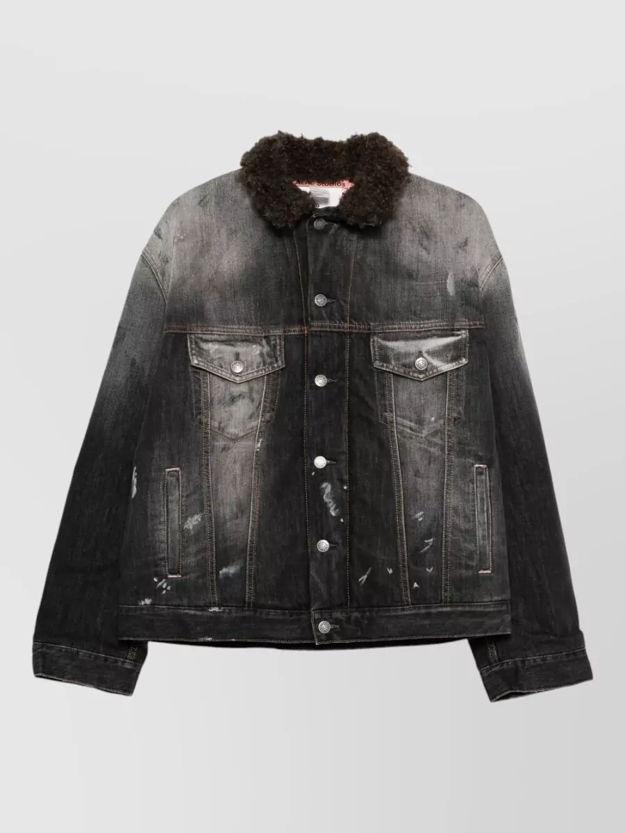 Acne Studios Distressed Denim Jacket With Faux Fur Collar In Black