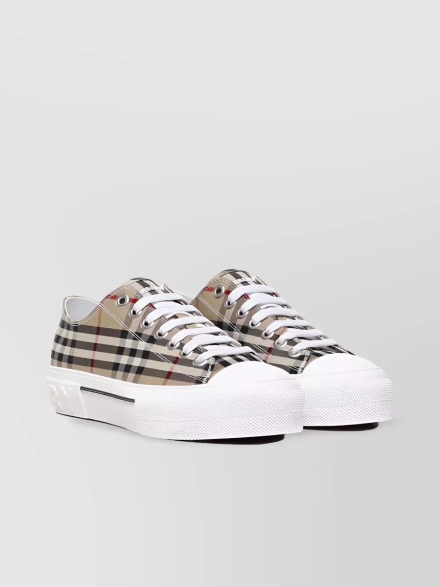 Shop Burberry Leather And Cotton Blend Vintage Check Sneakers In Brown