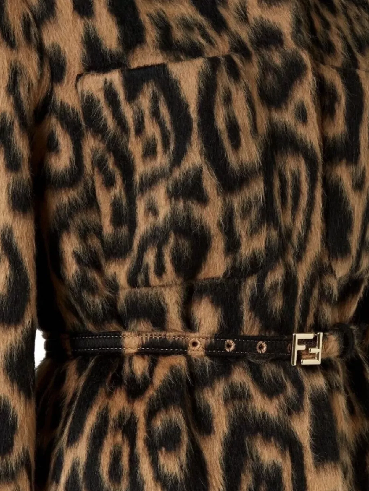 Fendi Women Multicolor Coat With Ff Buckled Belt On The Front And All-over Leopard Motif In Wool Ble In Brown