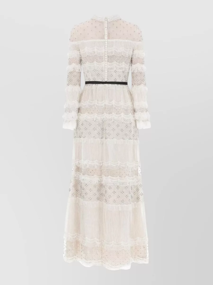Valentino Long Dress Sheer Lace Belt Ruffle Layers