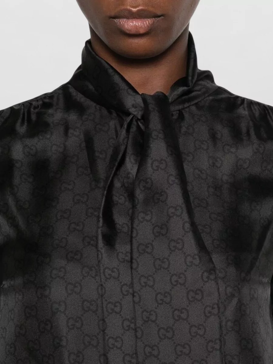 Gucci Silk Logo-Print Long-Sleeve Blouse