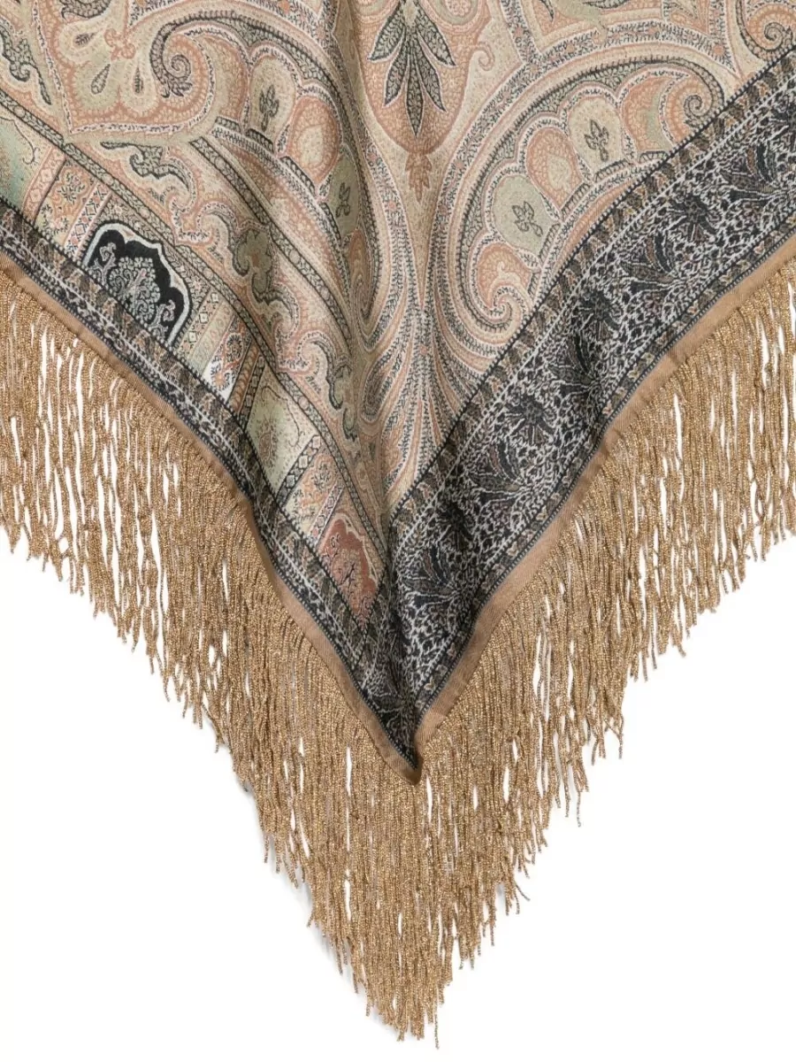Pierre Louise Mascia Silk Scarf Paisley Pattern Fringe Trim