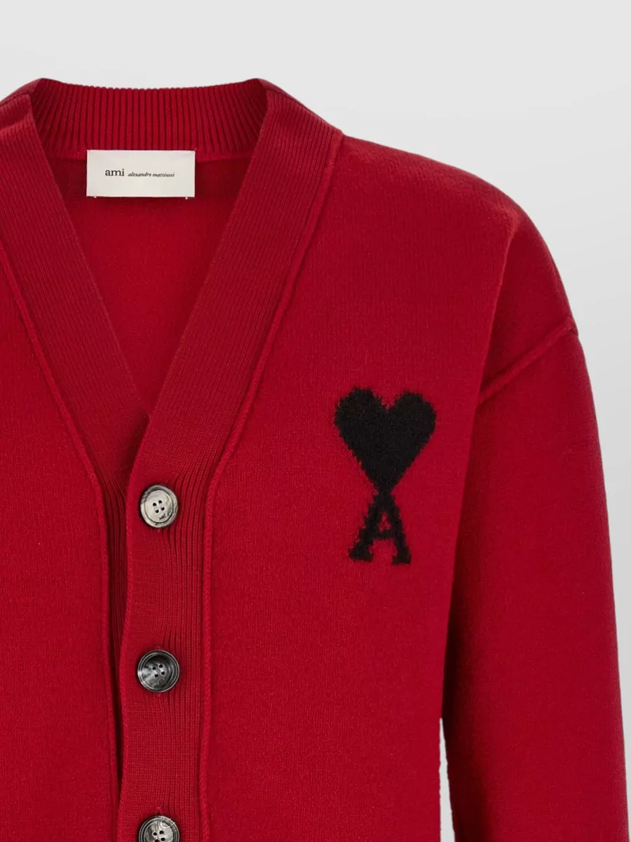 Ami Paris Wool V-Neck Ribbed Cardigan