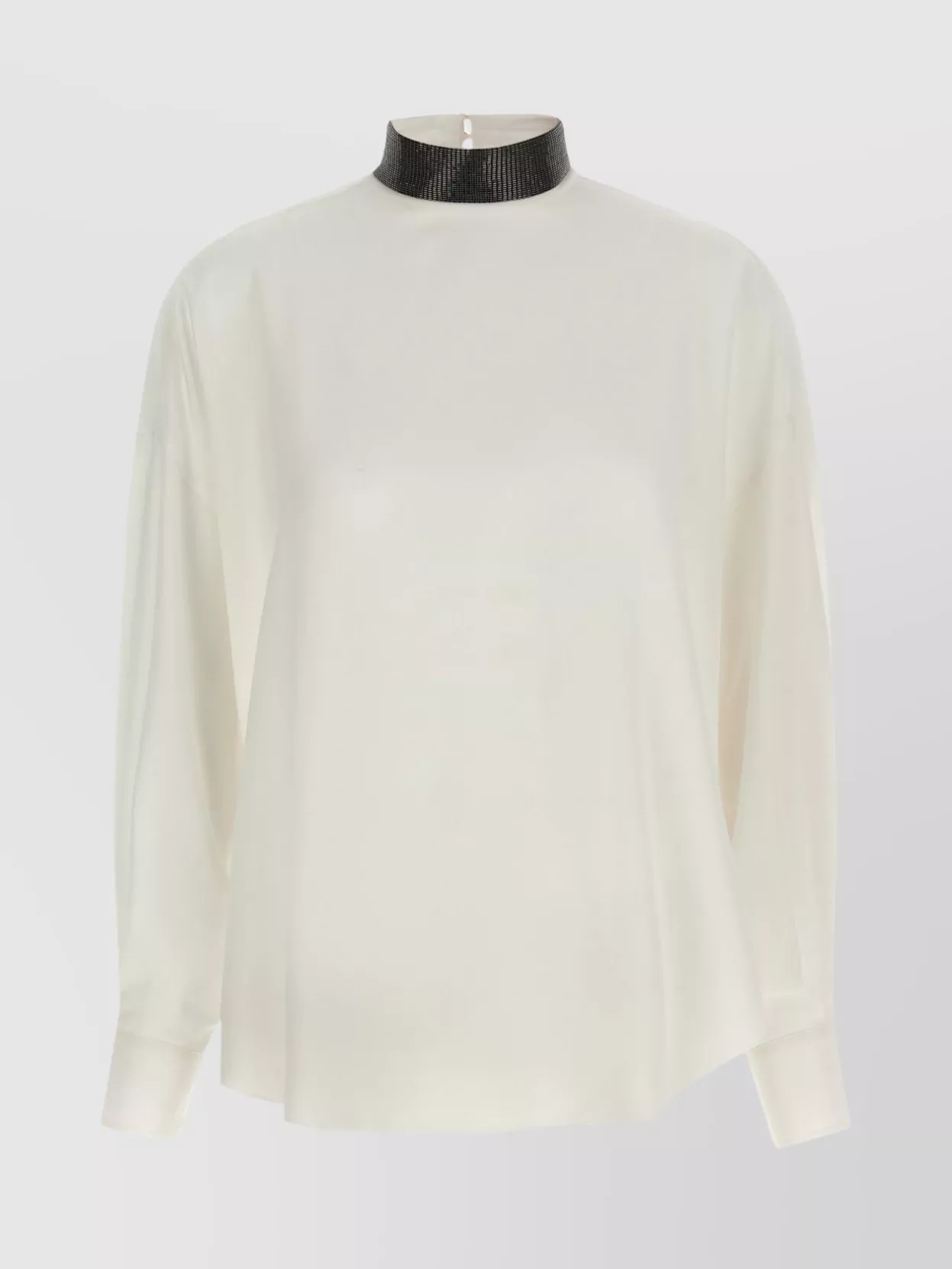 Brunello Cucinelli Silk Blouse With High Collar And Keyhole Back In White