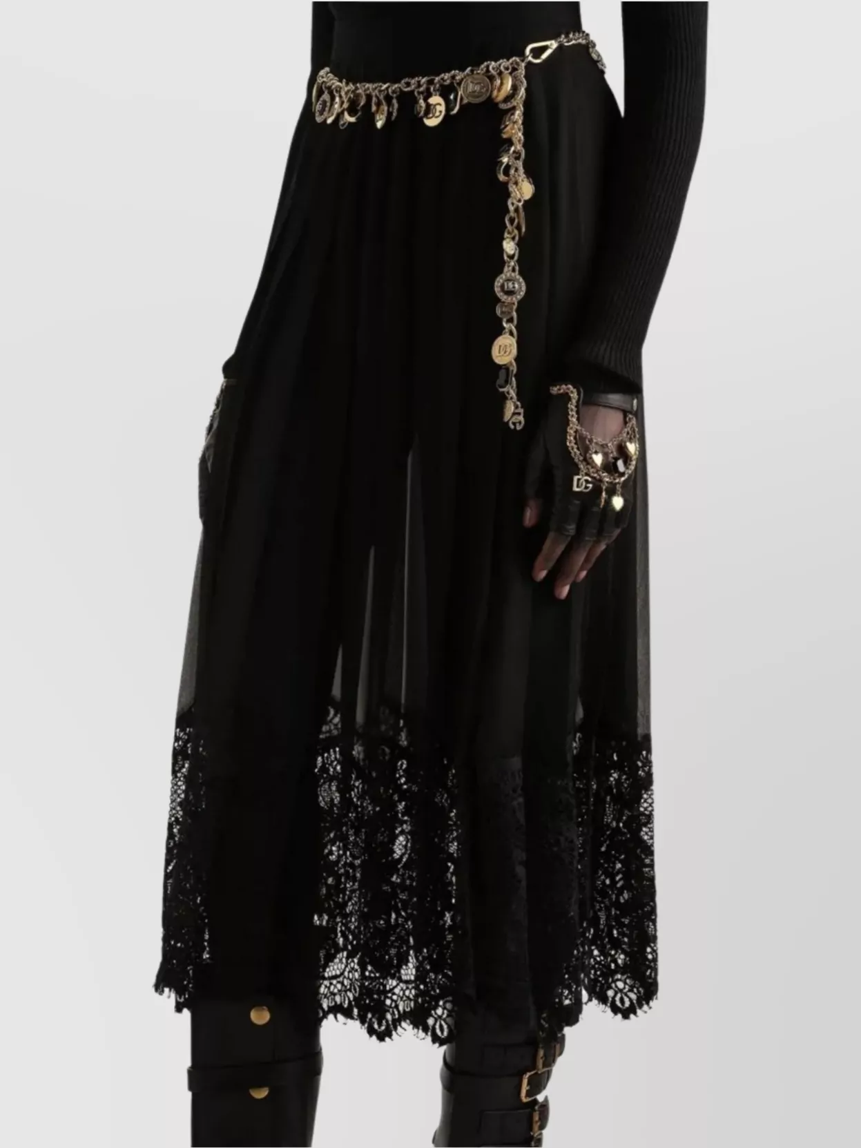 Dolce&Gabbana Pleated Lace Hem Skirt With Chain Belt