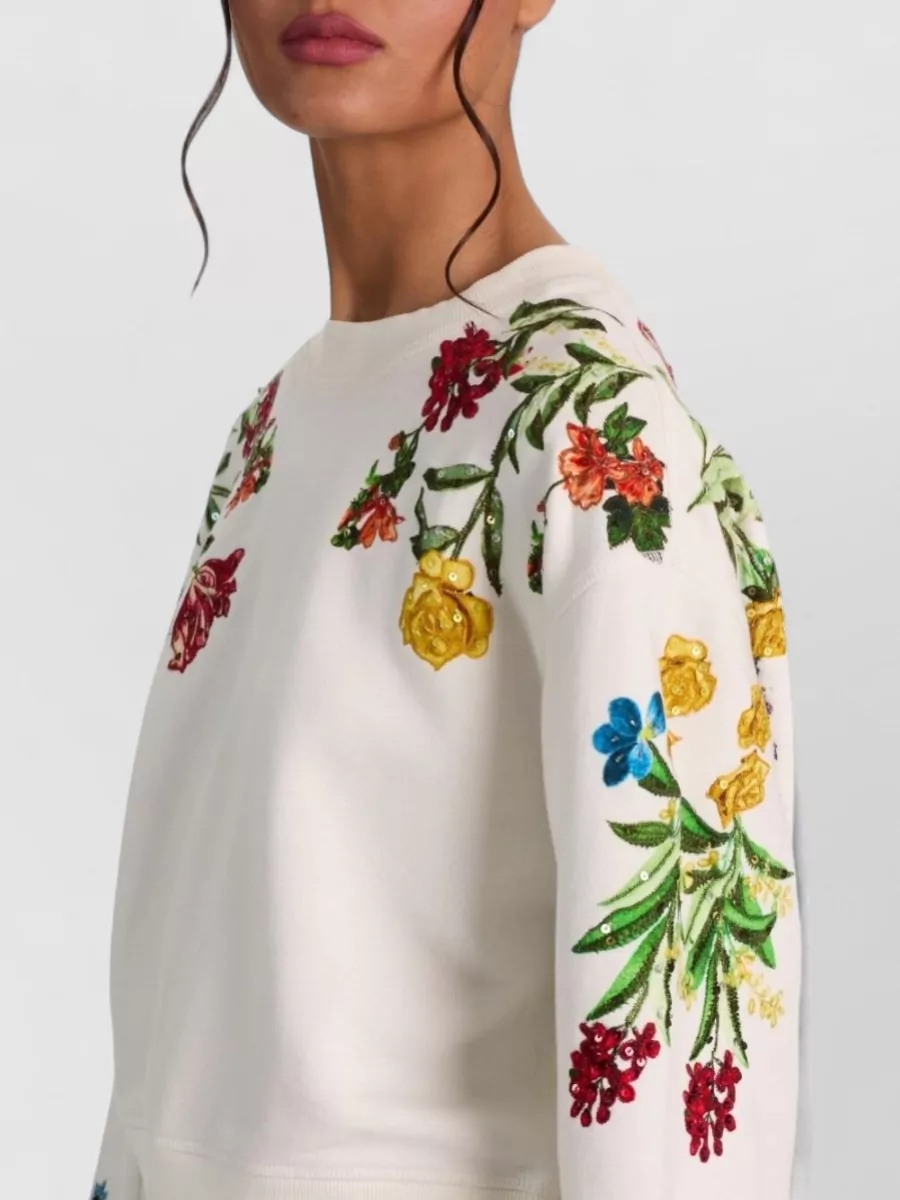 Alice + Olivia Embroidered Cotton Sequin-Embellished Crew-Neck Long-Sleeve Sweatshirt