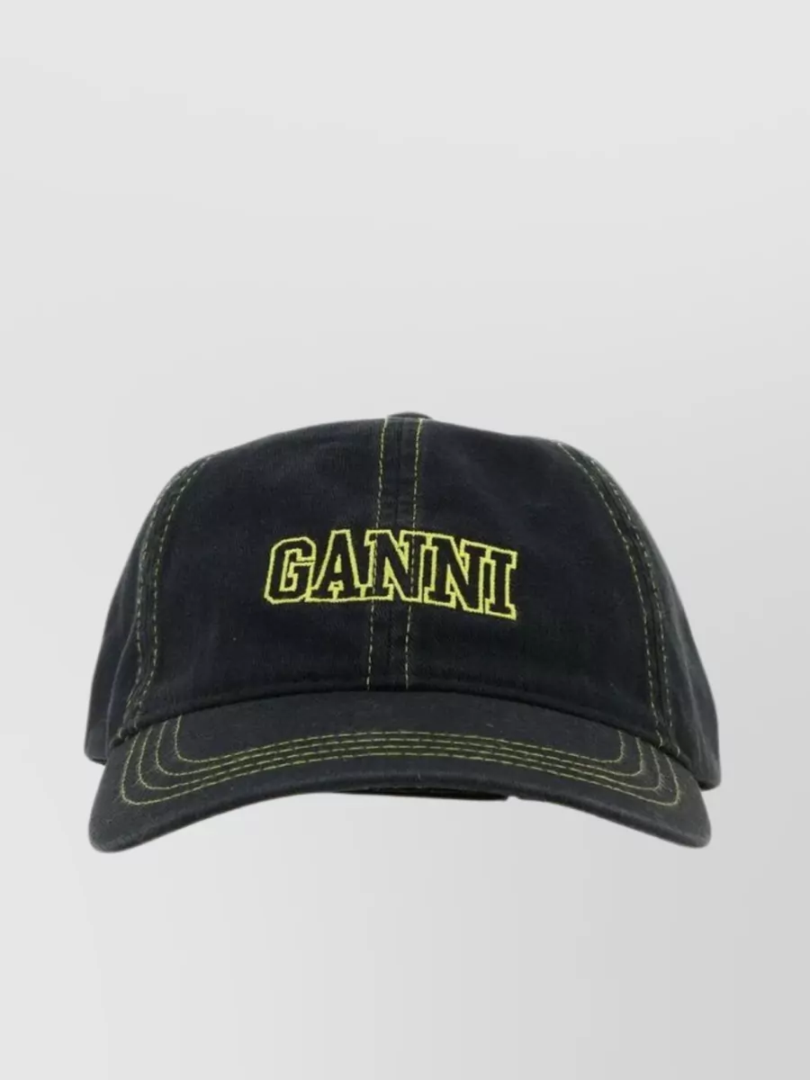 Shop Ganni Curved Visor Cotton Cap With Contrasting Trimmings In Black