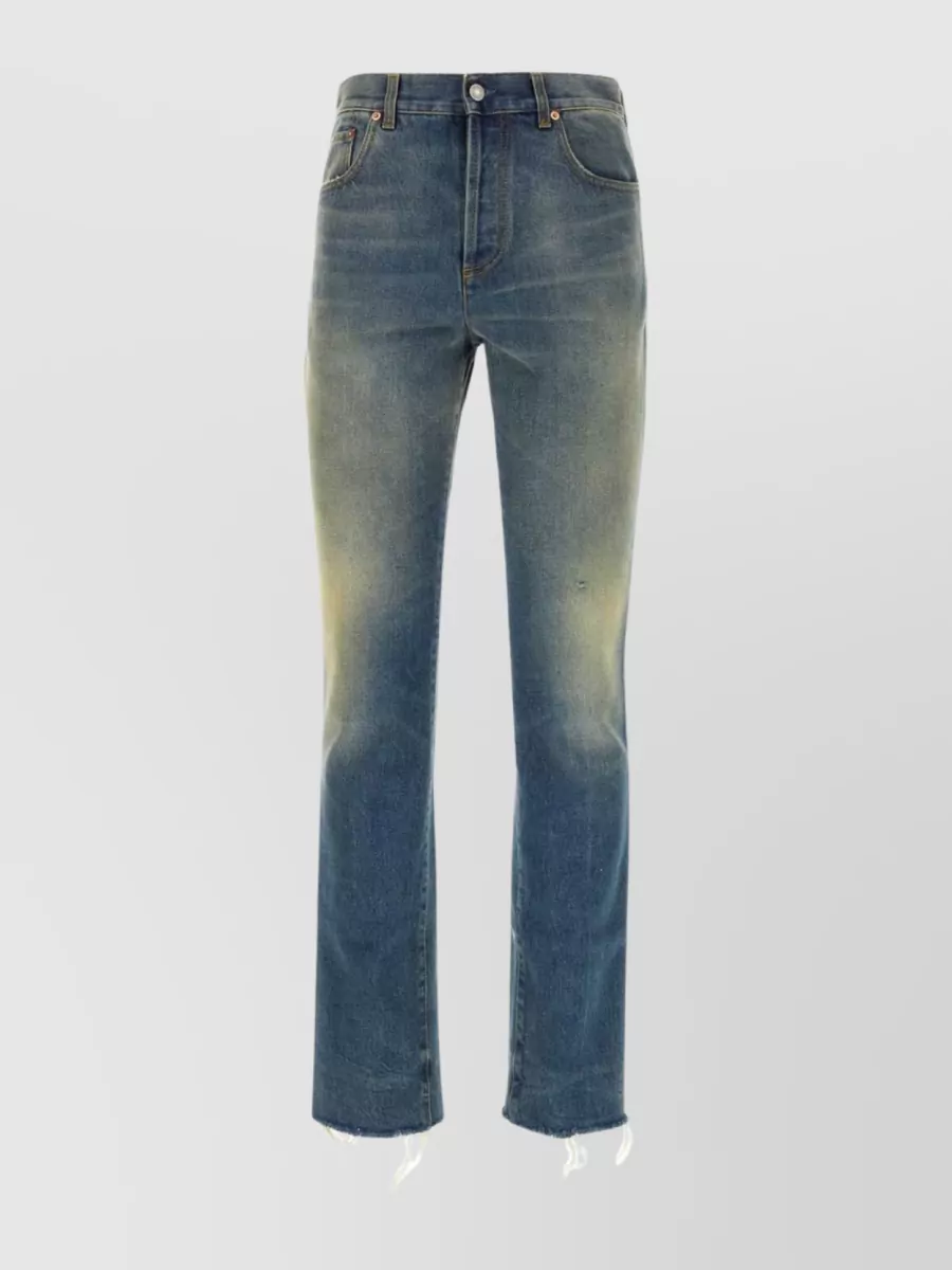 Shop Gucci Faded Distressed Denim Trousers With Embroidered Back Pocket In Blue