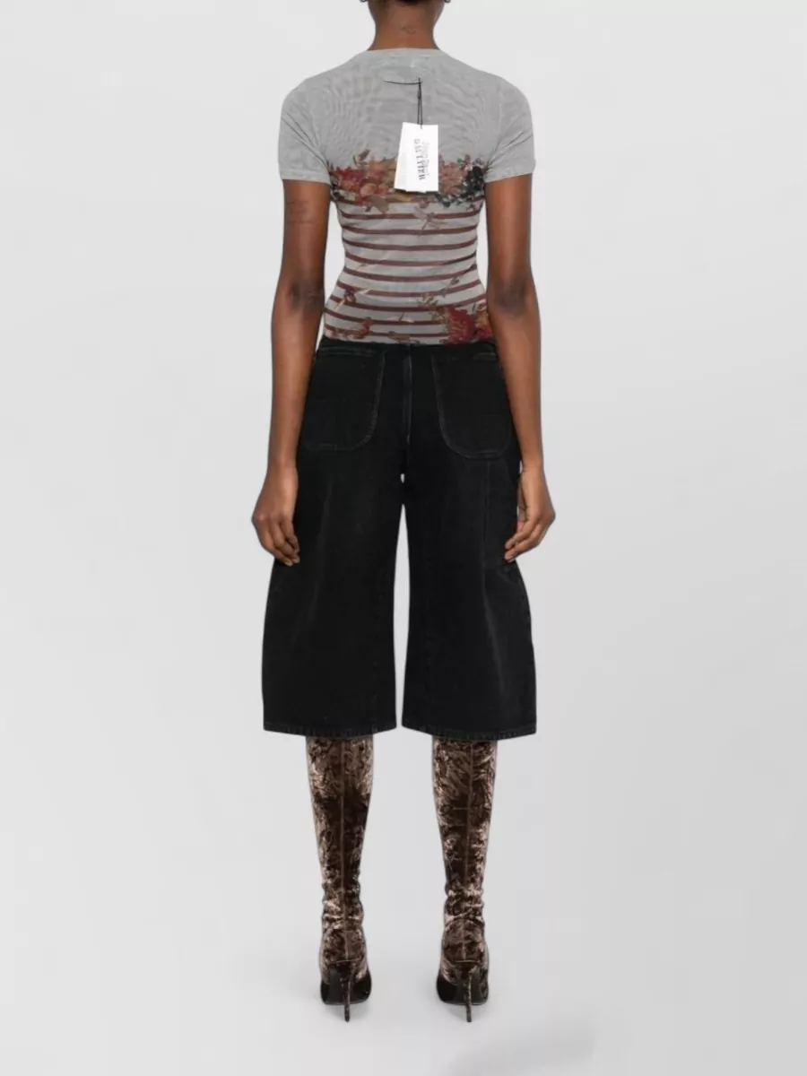 Jean Paul Gaultier Short Sleeve Round Neck Sheer Stripe Floral Top