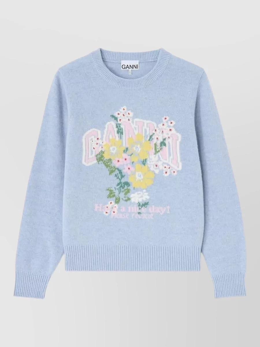 Ganni Floral-print ribbed crewneck sweater
