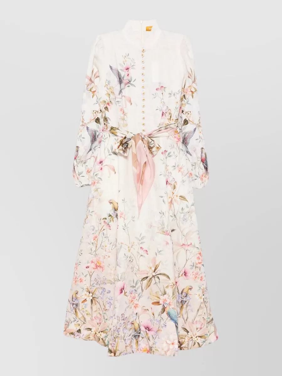 Zimmermann Linen floral-print high-neck button midi dress