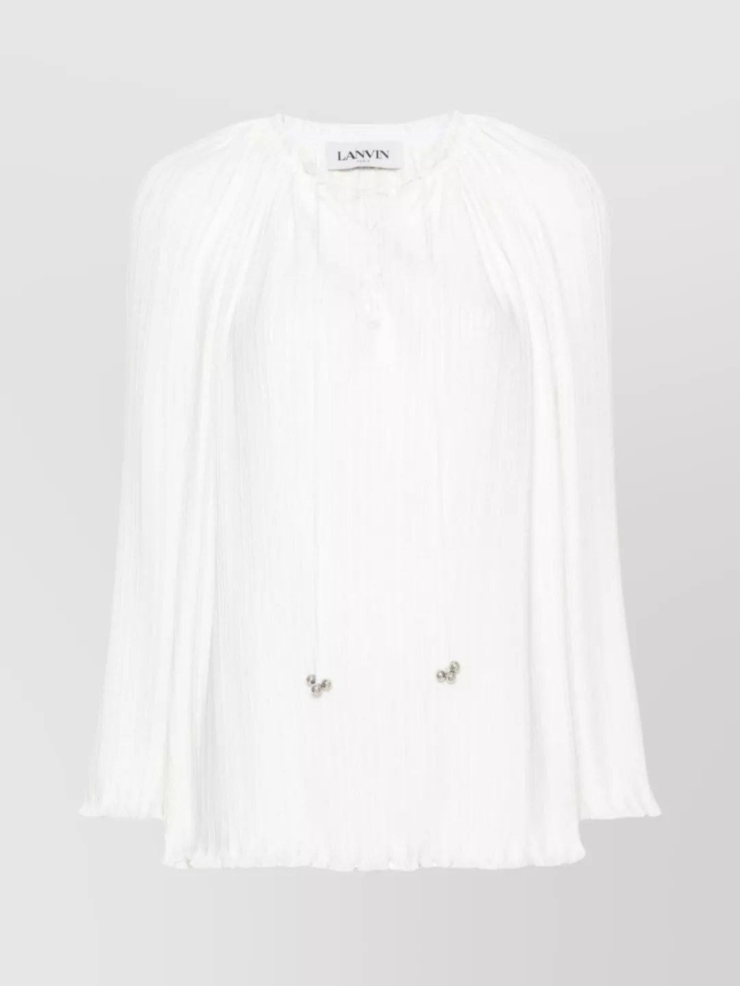 Shop Lanvin Pleated Frilled Neckline Top With Bead Embellishment