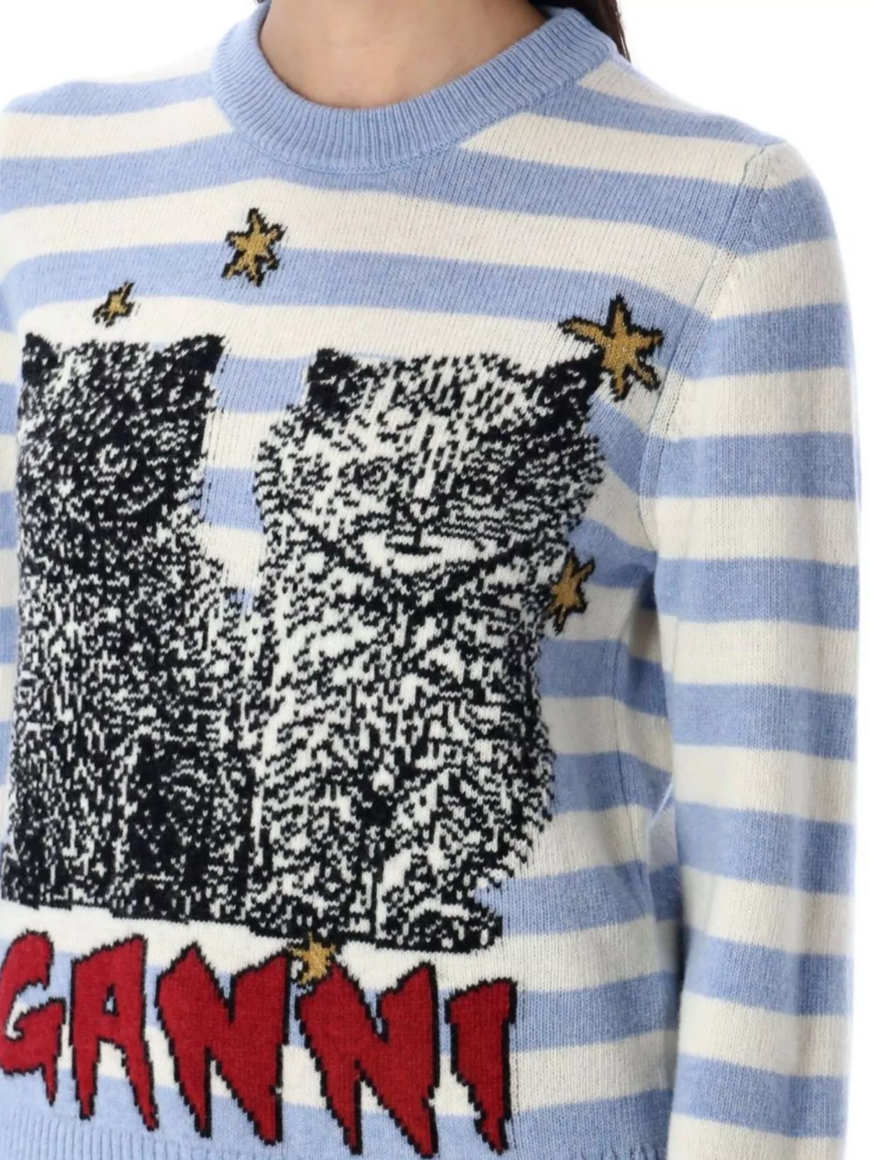 Ganni Striped Cat Motif Knitwear With Star Trims