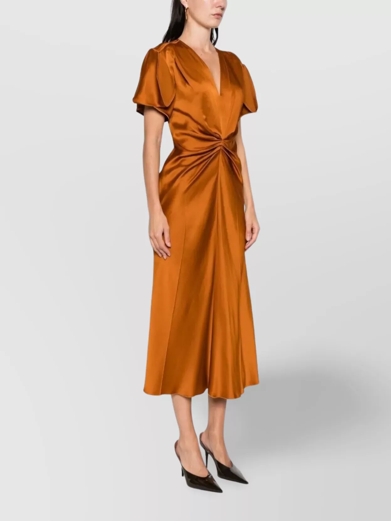 Victoria Beckham Midi Dress With V Neck And Ruched Detail In Brown