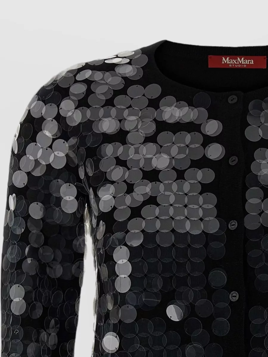 S Max Mara Wool Sequin Knit Crew Neck Long-Sleeve Cardigan