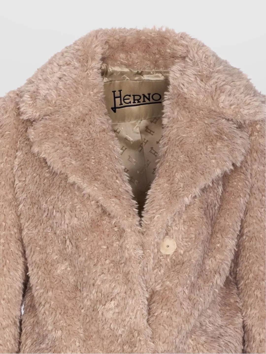 Herno Long Sleeve Faux Fur Coat With Notched Lapels