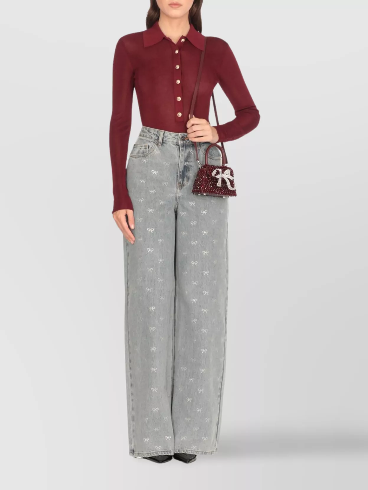 Self-Portrait Ribbed Bordeaux Collared Neck Long Sleeves Top