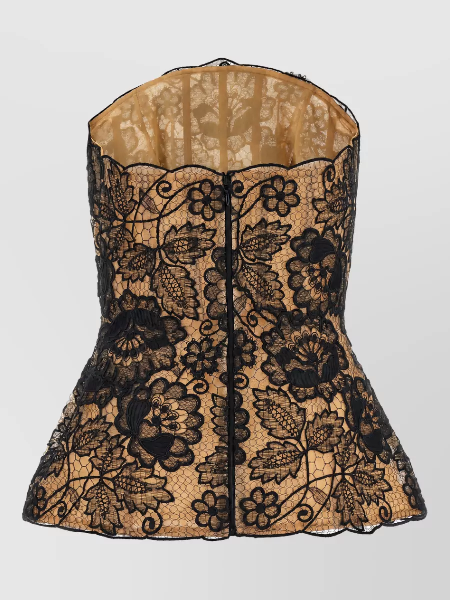Elie Saab Silk guipure lace strapless peplum top