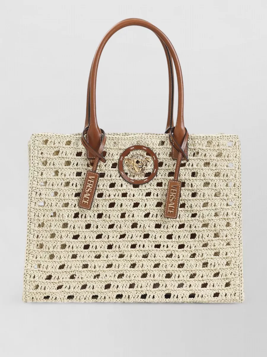 Versace Raffia Tote Bag Dual Handles Leather Trim