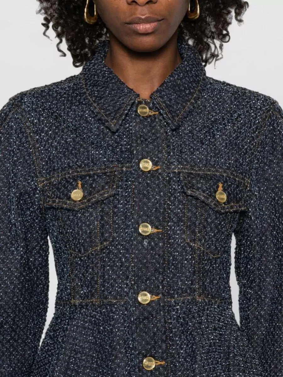 Ganni Denim Jacket Peplum Hem Long Sleeves Pockets