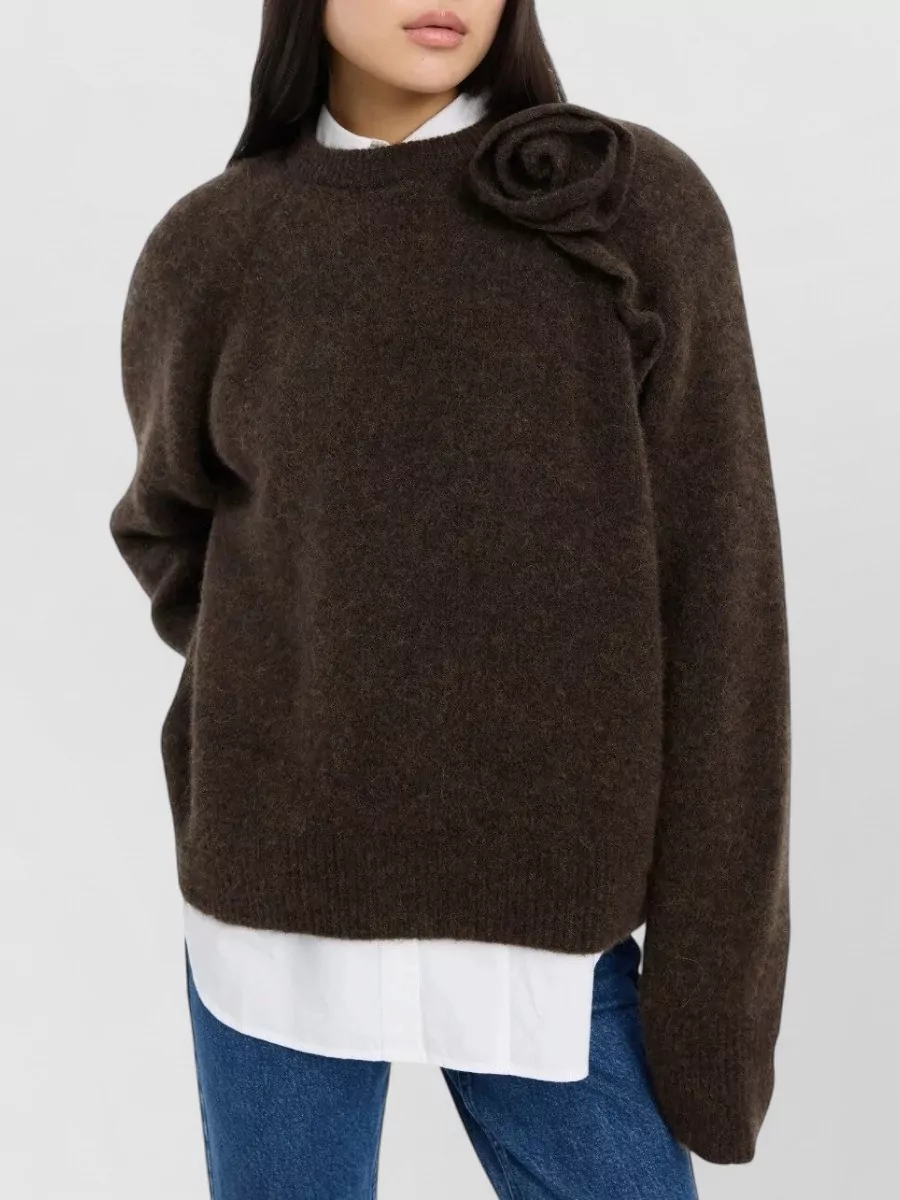 Rotate Alpaca-Blend Ribbed Floral Crewneck Sweater