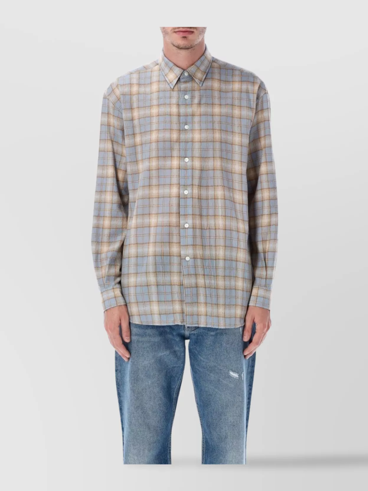 Auralee Lightweight Checked Long Sleeve Shirt In Blue