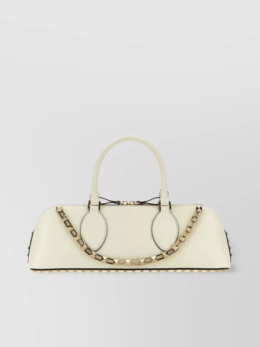 Shop Valentino Leather Rockstud East-west Bag In Cream