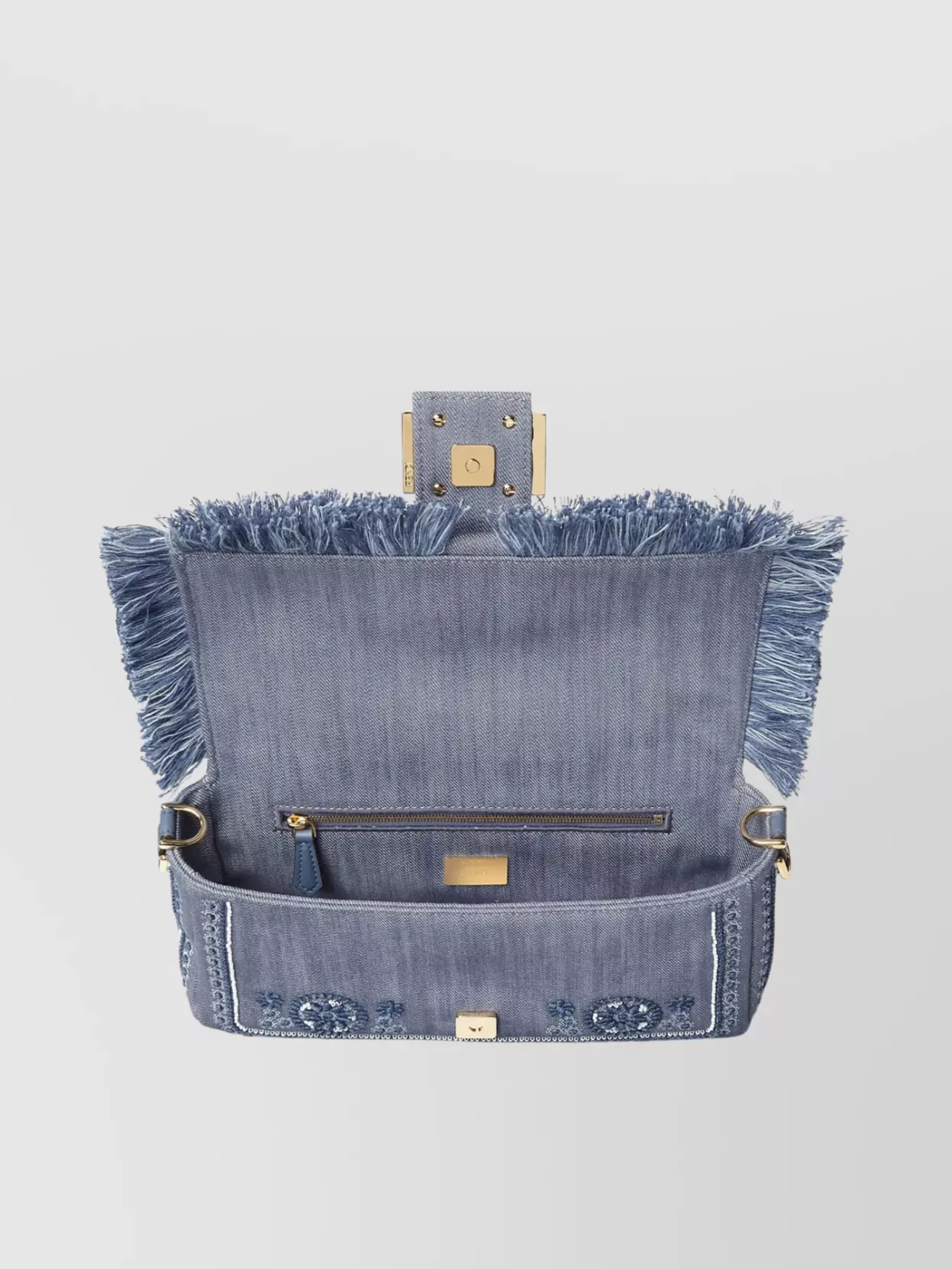 Fendi Embroidered Fringe Top Handle Shoulder Bag In Blue