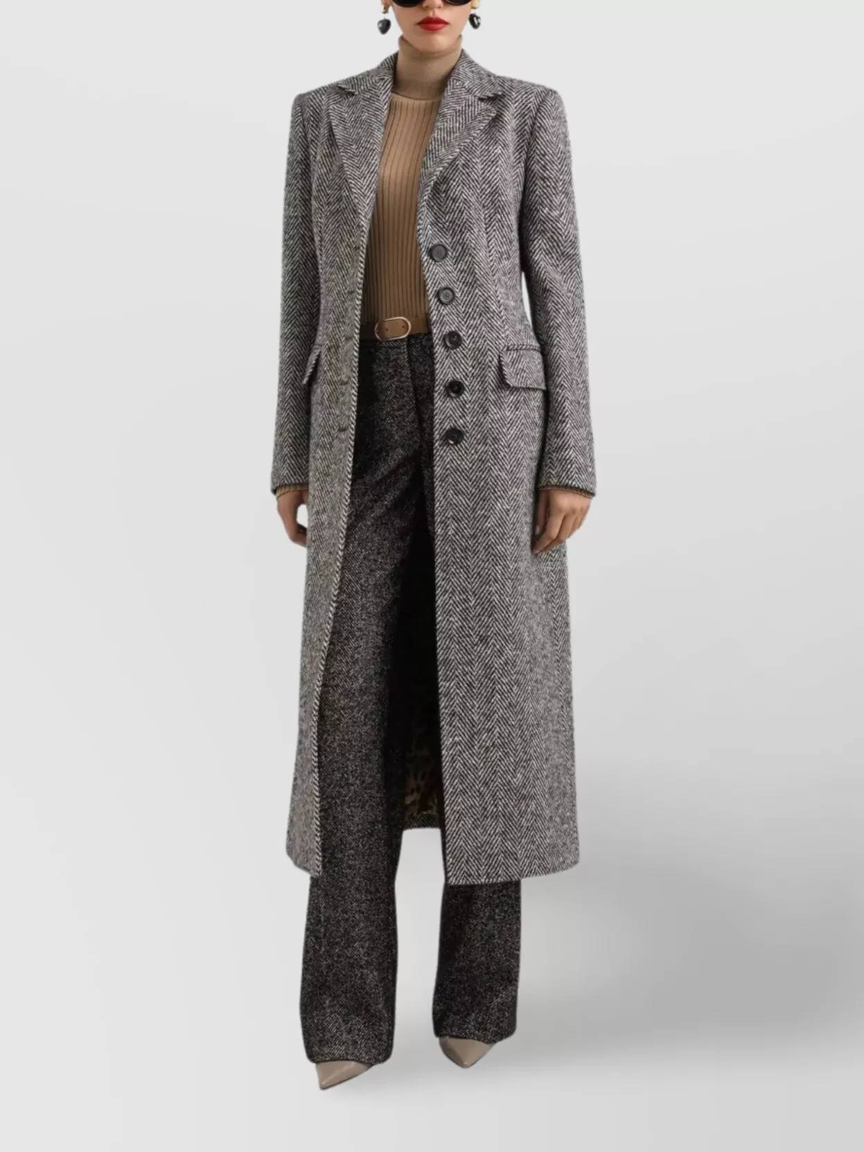 Dolce & Gabbana Herringbone Long Length Notched Lapels Coat In Gray
