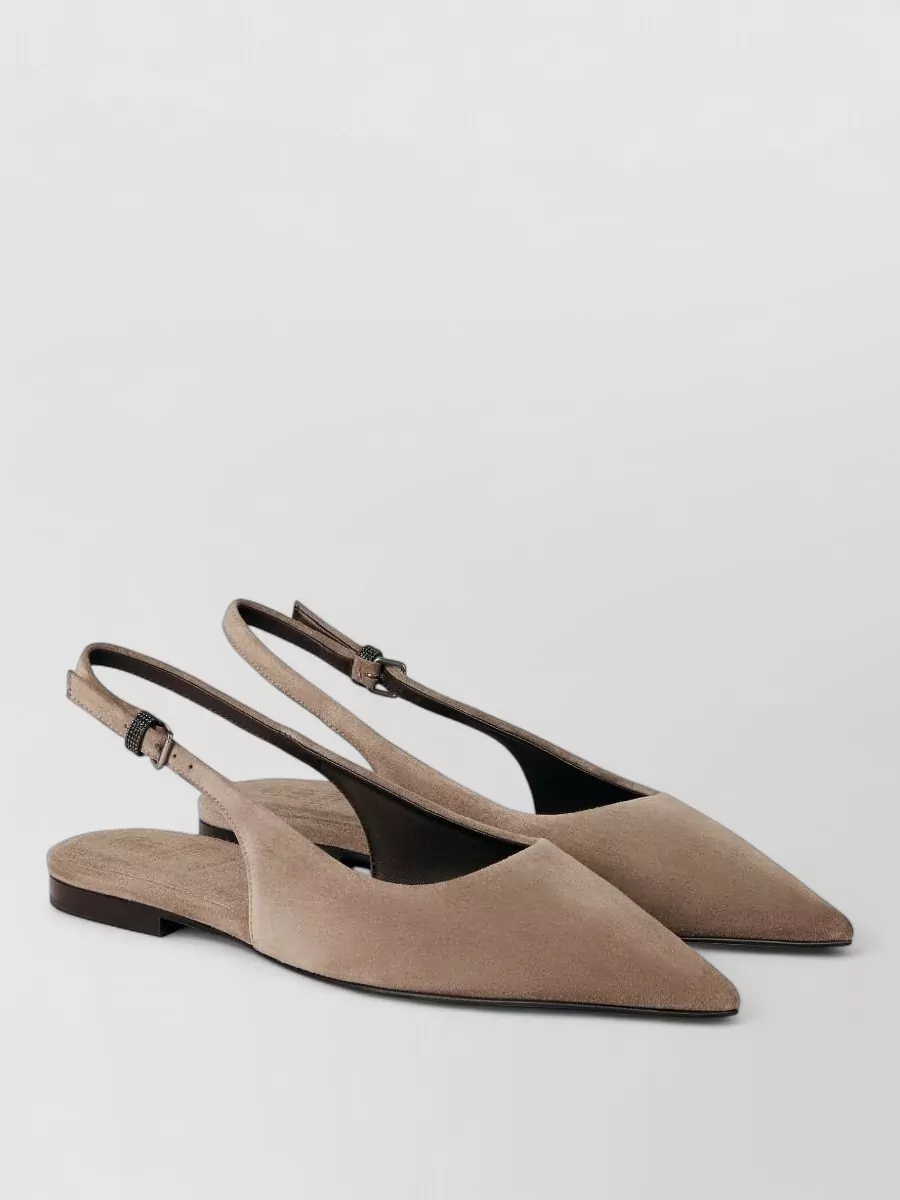 Brunello Cucinelli Leather Embellished Slingback Ballerina Shoes