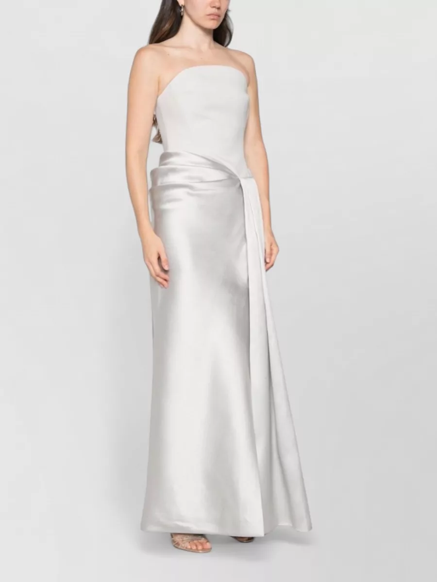 Solace London Silver Satin Strapless Draped Maxi Dress