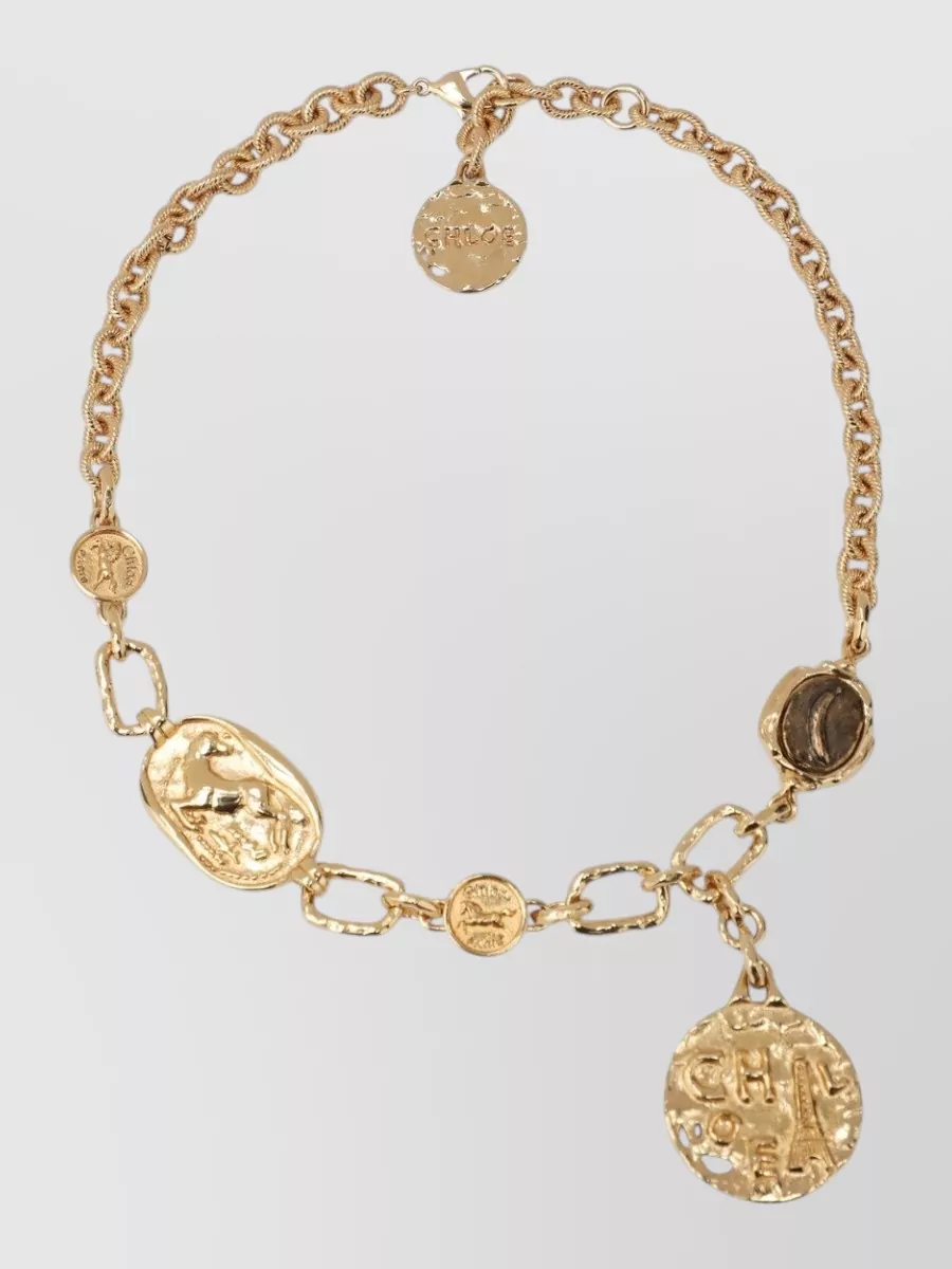 Chloé Medallion Charms Short Necklace Textured Links In Gold