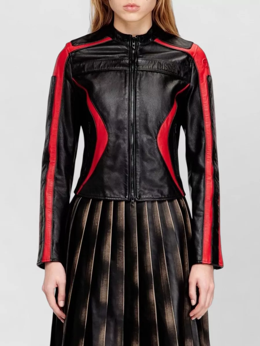 Diesel Leather Jacket Color Block Stand Collar